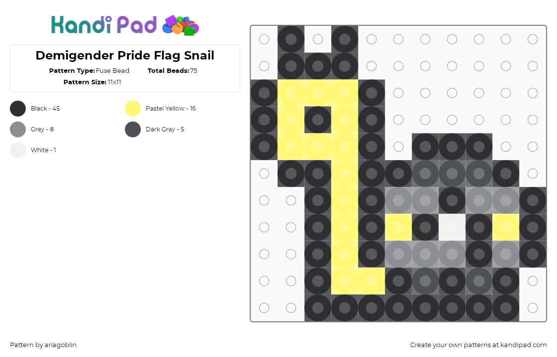 Demigender Pride Flag Snail - Fuse Bead Pattern by ariagoblin on Kandi Pad - black,yellow,gray