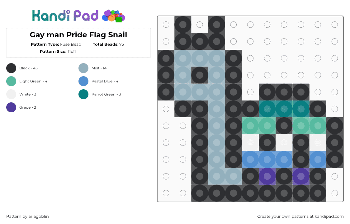 Gay man Pride Flag Snail - Fuse Bead Pattern by ariagoblin on Kandi Pad - black,light blue