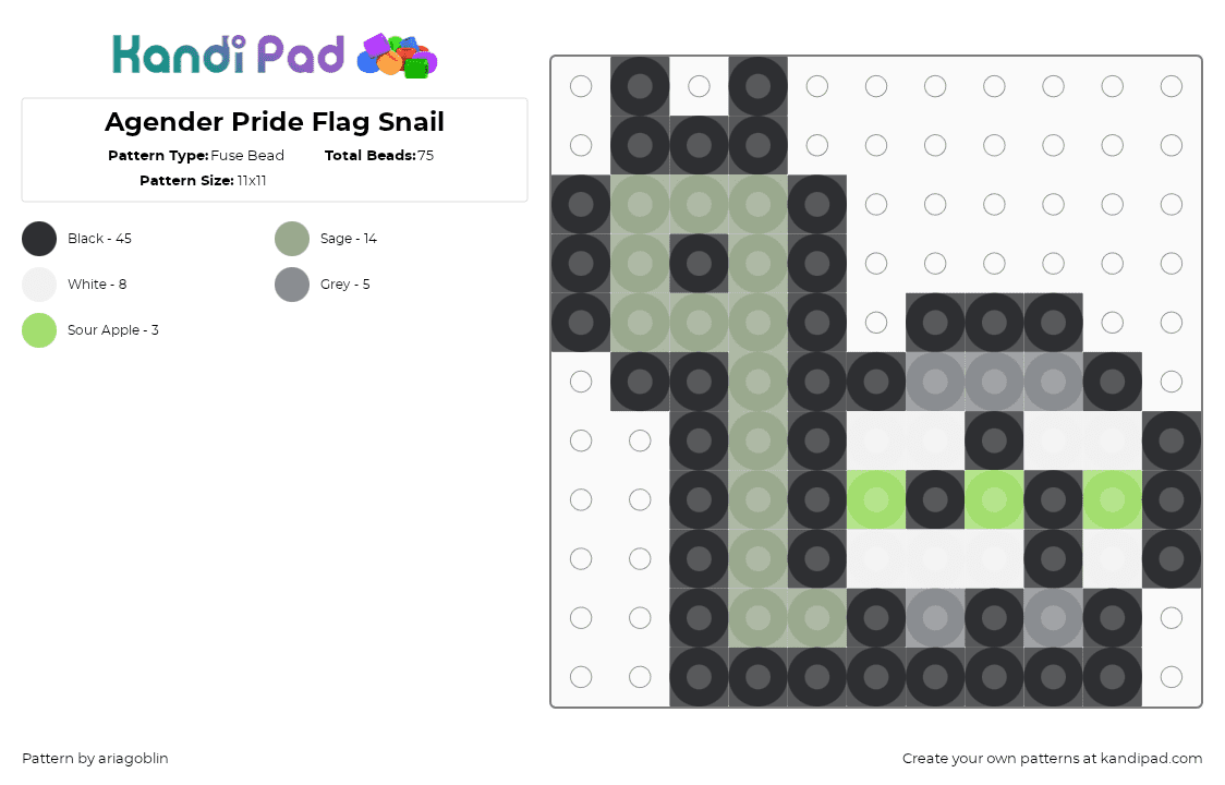 Agender Pride Flag Snail - Fuse Bead Pattern by ariagoblin on Kandi Pad - black,gray