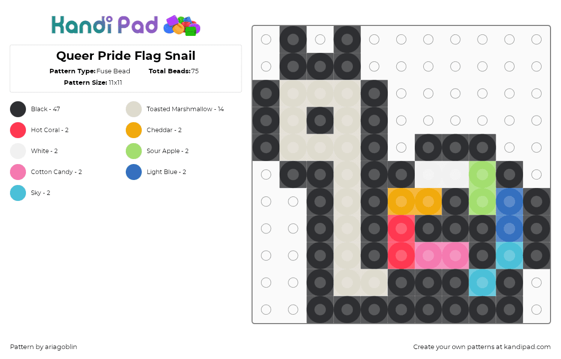 Queer Pride Flag Snail - Fuse Bead Pattern by ariagoblin on Kandi Pad - black,beige