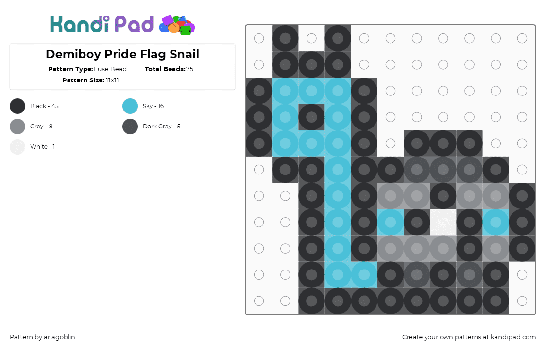 Demiboy Pride Flag Snail - Fuse Bead Pattern by ariagoblin on Kandi Pad - black,light blue,gray