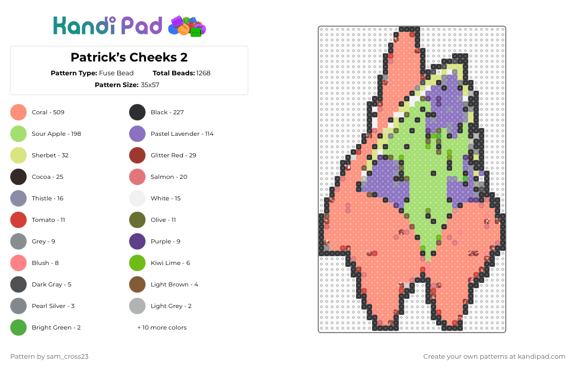 Patrick’s Cheeks 2 - Fuse Bead Pattern by sam_cross23 on Kandi Pad - orange,blue,green,spongebob,rave,festival,sponge,patrick,nickelodeon,cotdbeachparty,squidward