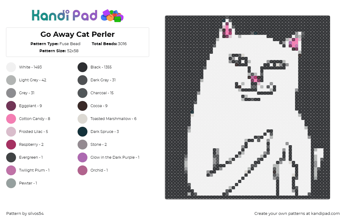 Go Away Cat Perler - Fuse Bead Pattern by silvos54 on Kandi Pad - cat,middle fingers,funny,meme,humorous,feline,internet culture,cheeky,white