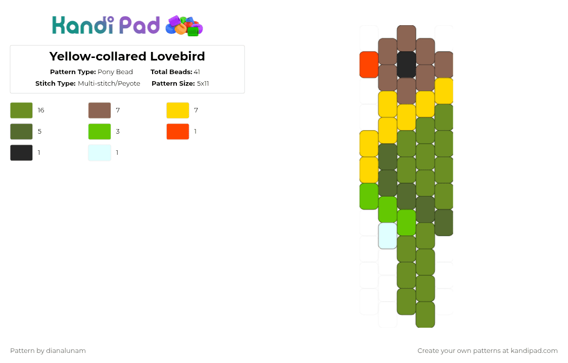 Yellow-collared Lovebird - Pony Bead Pattern by dianalunam on Kandi Pad - green,lovebird,parakeet,bird,cute,tiny,charm,brown