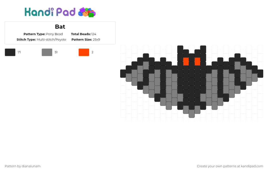 Bat - Pony Bead Pattern by dianalunam on Kandi Pad - gray,bat,charm,tiny,cute,black,grey,animal