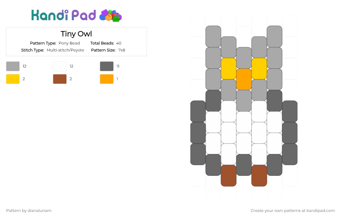 Tiny Owl - Pony Bead Pattern by dianalunam on Kandi Pad - beige,gray,owl,bird,grey,yellow,cute,tiny,charm