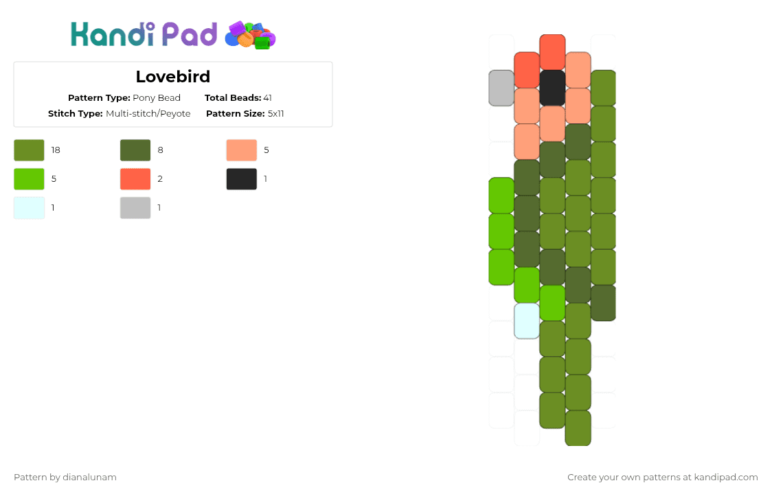 Rosy-faced Lovebird - Pony Bead Pattern by dianalunam on Kandi Pad - green,gold,lovebird,parakeet,bird,cute,charm,tiny,pink