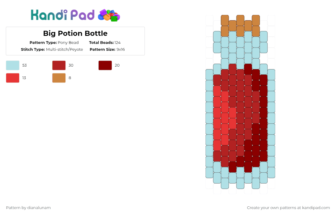 Big Potion Bottle - Pony Bead Pattern by dianalunam on Kandi Pad - potion,liquid,charm,light blue,red,bottle,glass,blue,brown