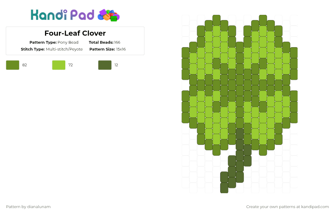 Four-Leaf Clover - Pony Bead Pattern by dianalunam on Kandi Pad - green,clover,luck,charm,plant