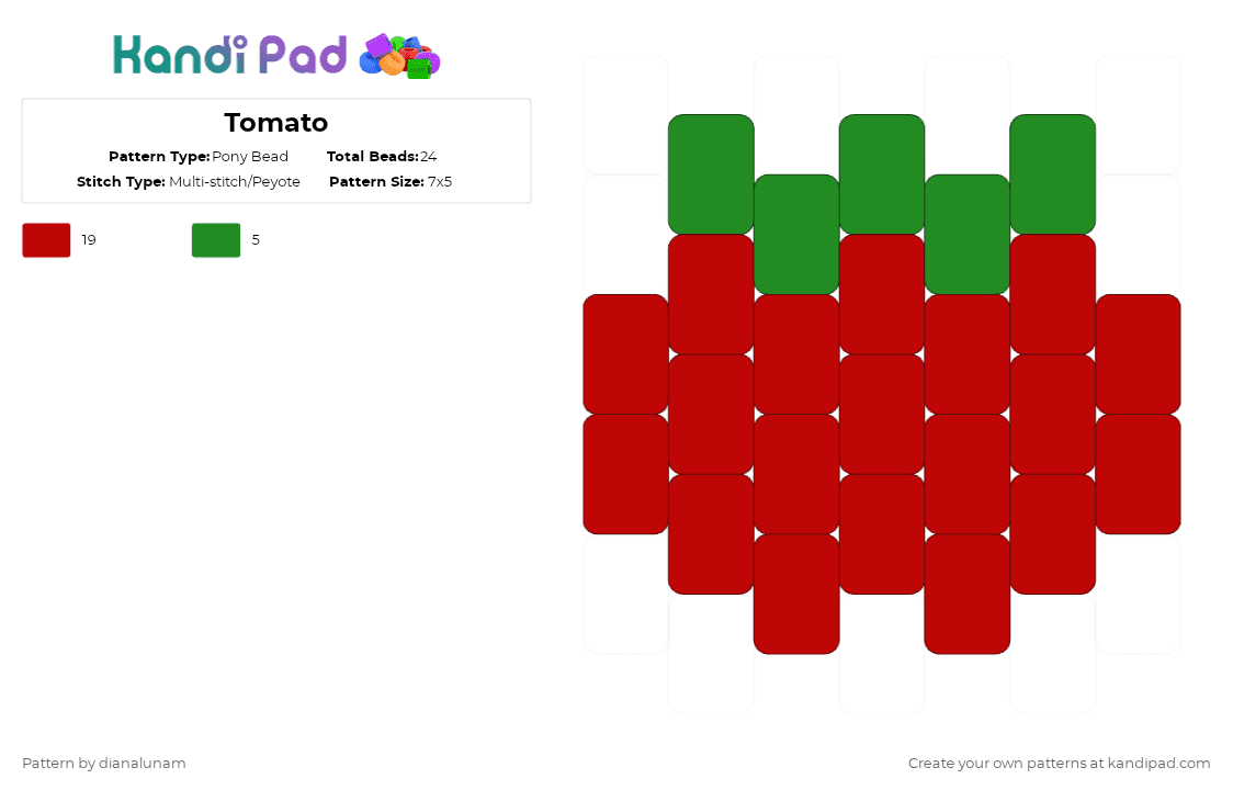 Tomato - Pony Bead Pattern by dianalunam on Kandi Pad - red,tomato,vegetable,green,food,fruit