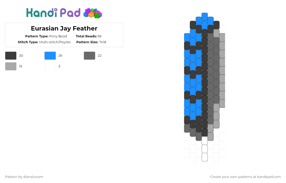 Eurasian Jay Feather - Pony Bead Pattern by dianalunam on Kandi Pad - bird, black, blue, eurasian jay, feather, grey, jay, remix