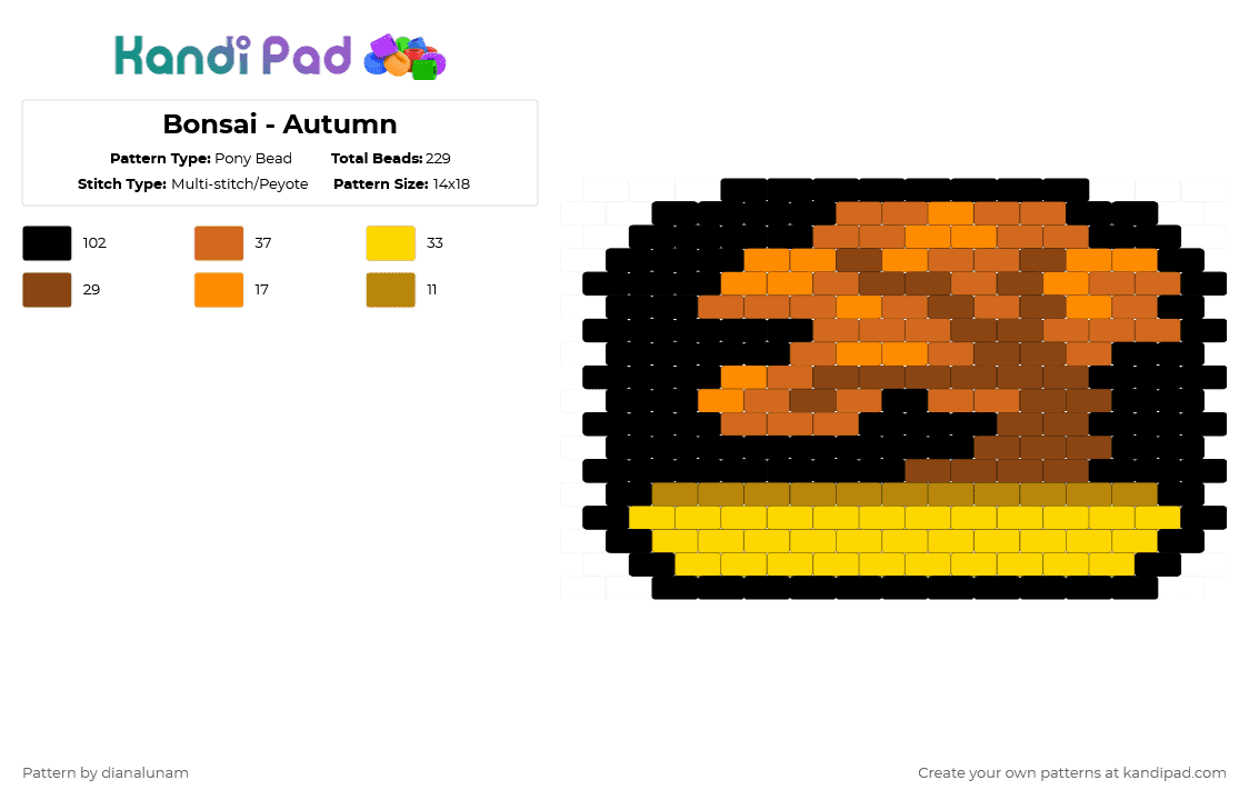 Bonsai - Autumn - Pony Bead Pattern by dianalunam on Kandi Pad - orange,yellow,bonsai,plant,brown,pot,japanese