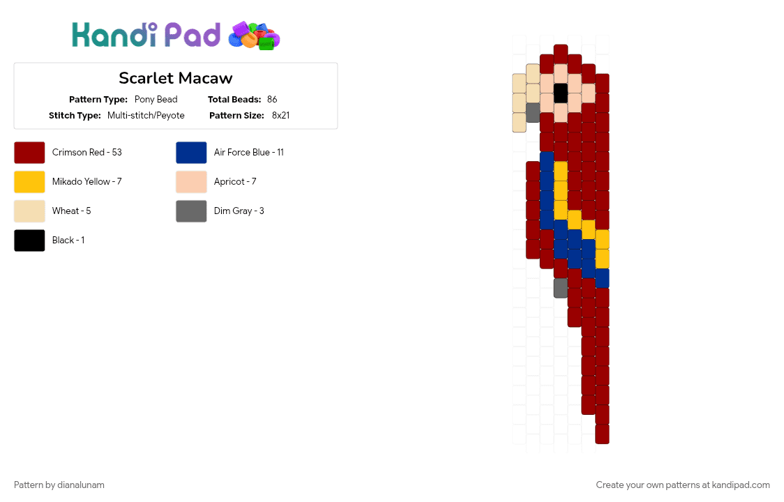 Scarlet Macaw - Pony Bead Pattern by dianalunam on Kandi Pad - 
