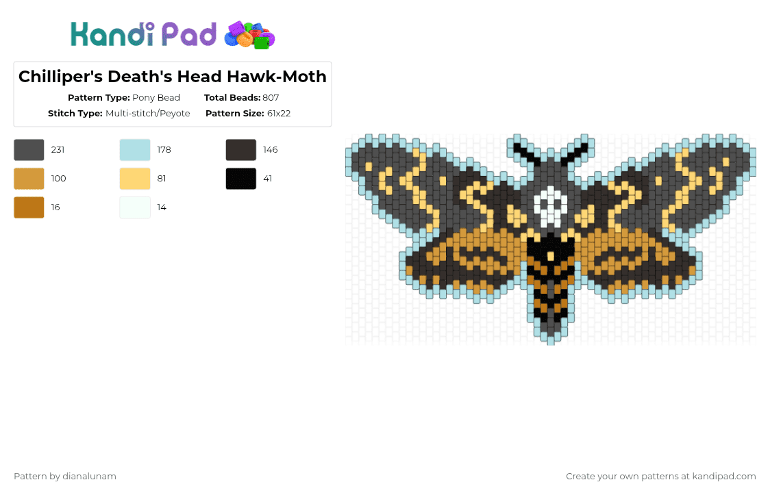 Chilliper\'s Death\'s Head Hawk-Moth - Pony Bead Pattern by dianalunam on Kandi Pad - 