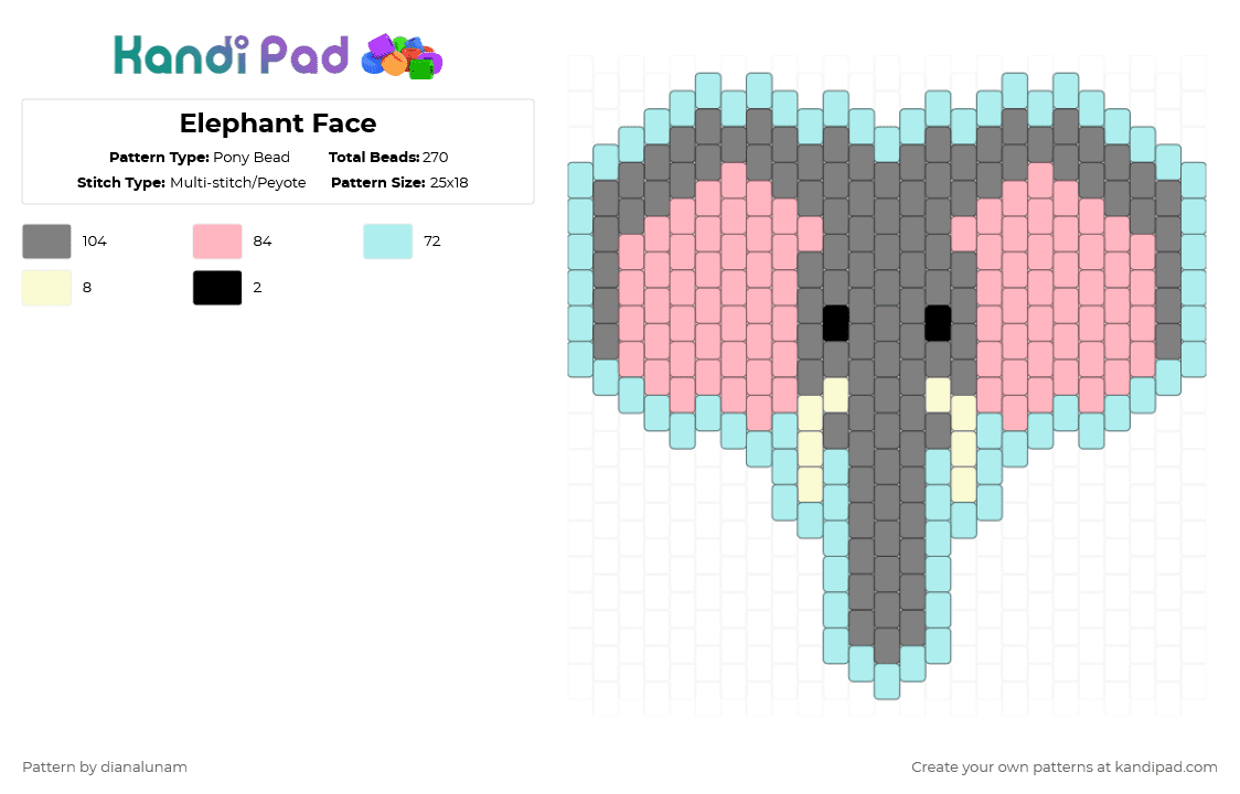 Elephant Face - Pony Bead Pattern by dianalunam on Kandi Pad - gray,pink,elephant,charm,cute,animal,grey