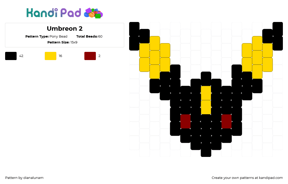 Umbreon 2 - Pony Bead Pattern by dianalunam on Kandi Pad - black,yellow,umbreon,pokemon,eevee,eeveelution,dark,cute,video game