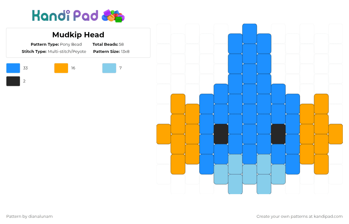 Mudkip Head - Pony Bead Pattern by dianalunam on Kandi Pad - light blue,orange,mudkip,pokemon,head,cute,tiny,charm,blue