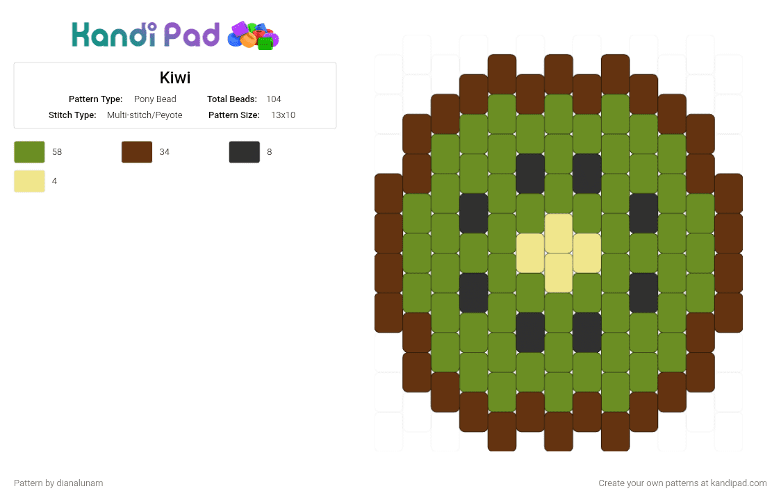Kiwi - Pony Bead Pattern by dianalunam on Kandi Pad - brown,green,kiwi,fruit,tiny,charm,cute