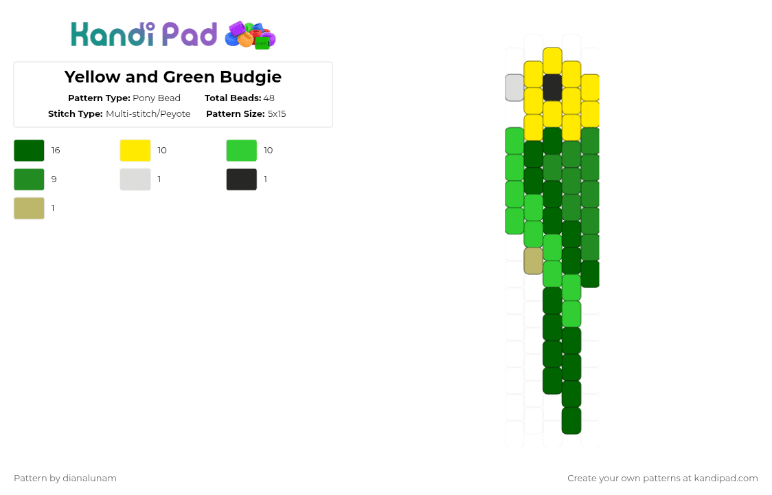 Yellow and Green Budgie - Pony Bead Pattern by dianalunam on Kandi Pad - green,budgie,parakeet,bird,yellow,cute,tiny,charm