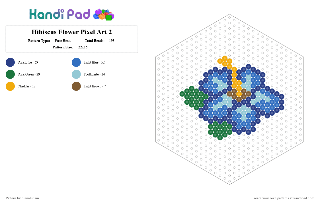 Hibiscus Flower Pixel Art 2 - Fuse Bead Pattern by dianalunam on Kandi Pad - blue, flower, green, hibiscus, plant, remix, yellow