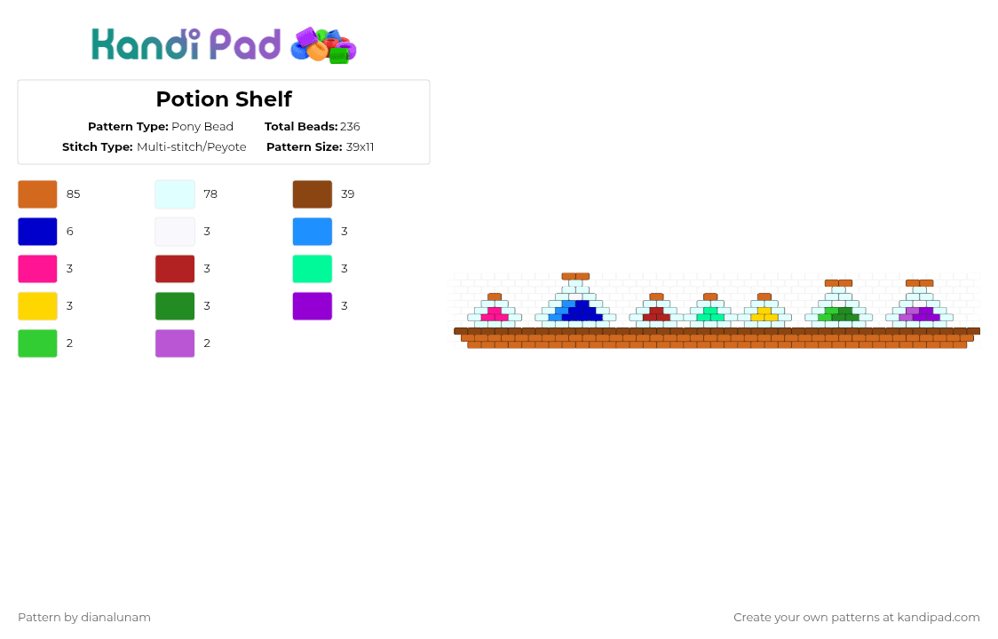 Potion Shelf - Pony Bead Pattern by dianalunam on Kandi Pad - orange,red,potion,shelf,glass,blue,brown,yellow,green