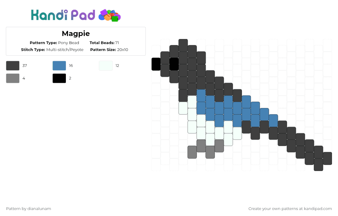 Magpie - Pony Bead Pattern by dianalunam on Kandi Pad - black,blue,magpie,bird,tiny,cute,charm