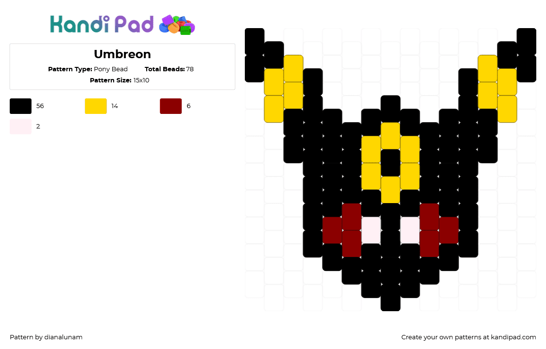 Umbreon - Pony Bead Pattern by dianalunam on Kandi Pad - black,yellow,red,umbreon,pokemon,dark,eevee,eeveelution,cute