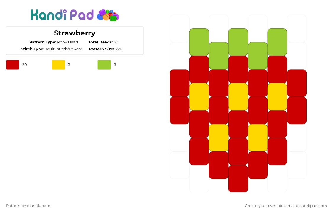 Strawberry - Pony Bead Pattern by dianalunam on Kandi Pad - red,strawberry,fruit,tiny,charm,cute,green,berry