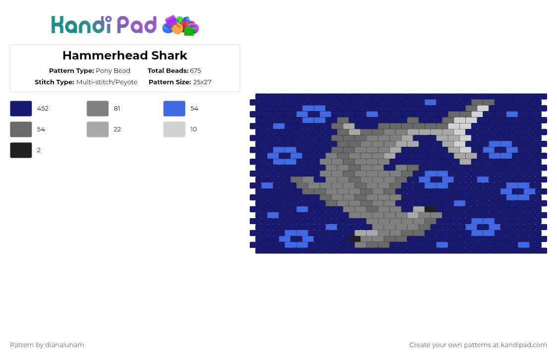 Hammerhead Shark - Pony Bead Pattern by dianalunam on Kandi Pad - purple,cotdhammerheadshark,hammerhead,shark,grey,blue,fish,sea
