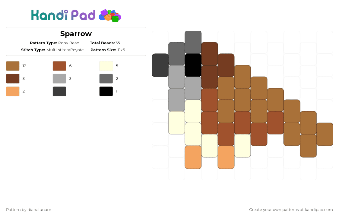 Sparrow - Pony Bead Pattern by dianalunam on Kandi Pad - tan,red,sparrow,tiny,bird,charm,cute,brown,grey,white