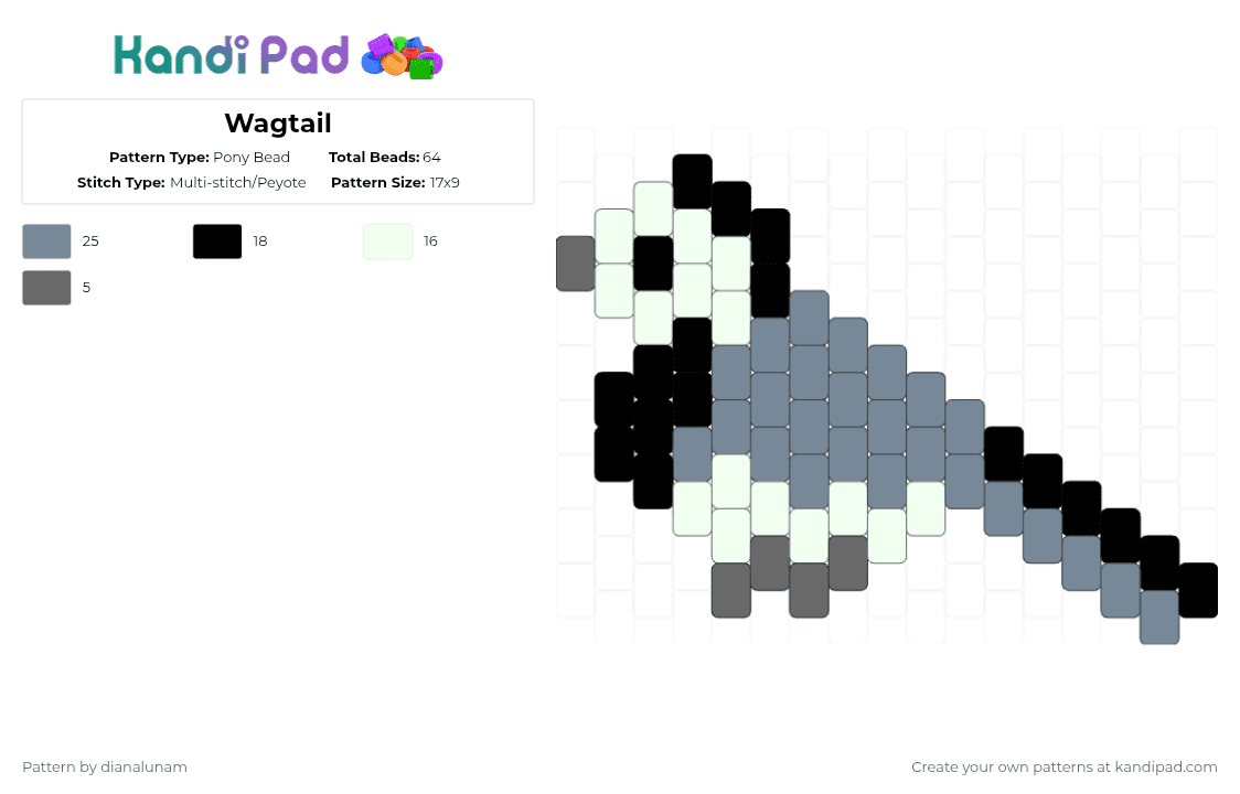 Wagtail - Pony Bead Pattern by dianalunam on Kandi Pad - white,gray,bird,wagtail,tiny,grey,black,animal,charm,cute
