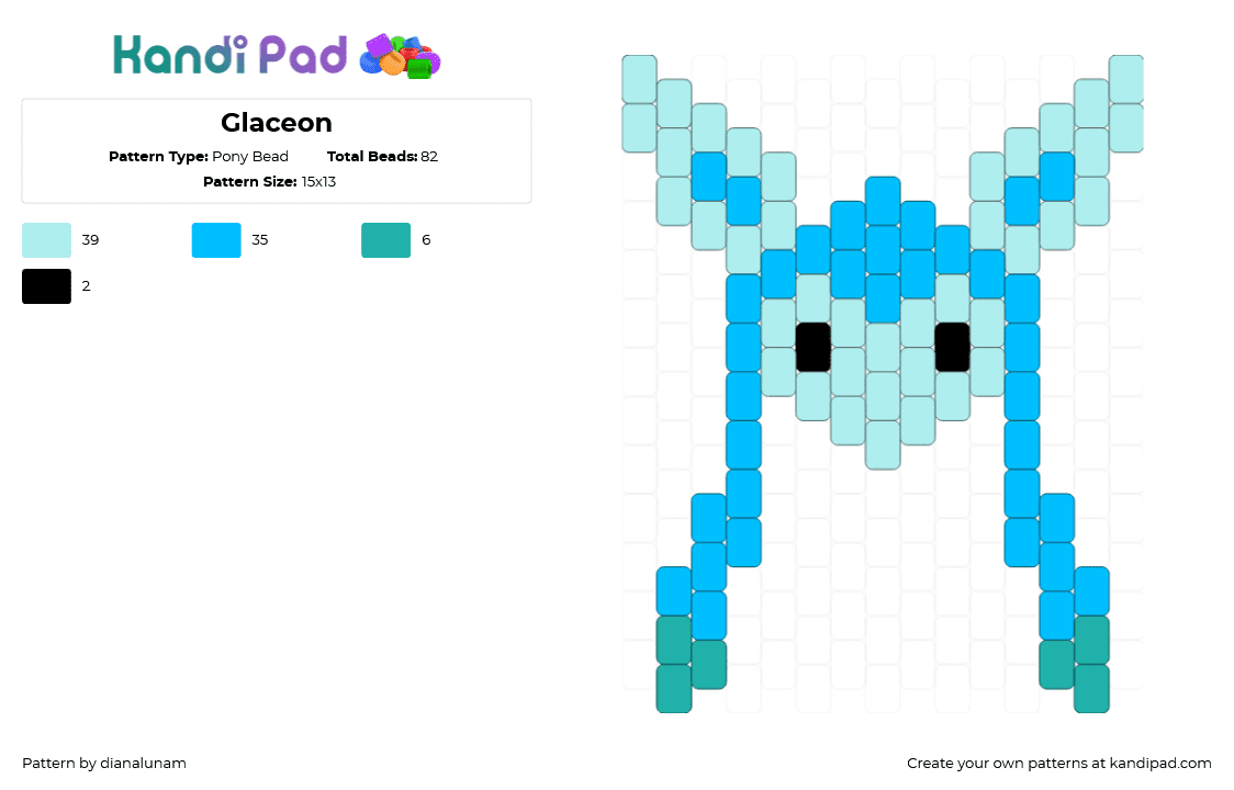 Glaceon - Pony Bead Pattern by dianalunam on Kandi Pad - light blue,glaceon,pokemon,ice,blue,eevee,eeveelution,cute,video game