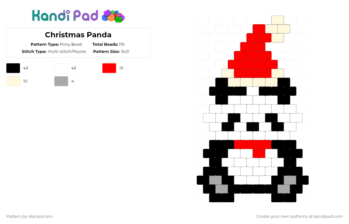 Christmas Panda - Pony Bead Pattern by dianalunam on Kandi Pad - white,red,cotdchristmas2025,remix,panda,christmas,cute,bear,black