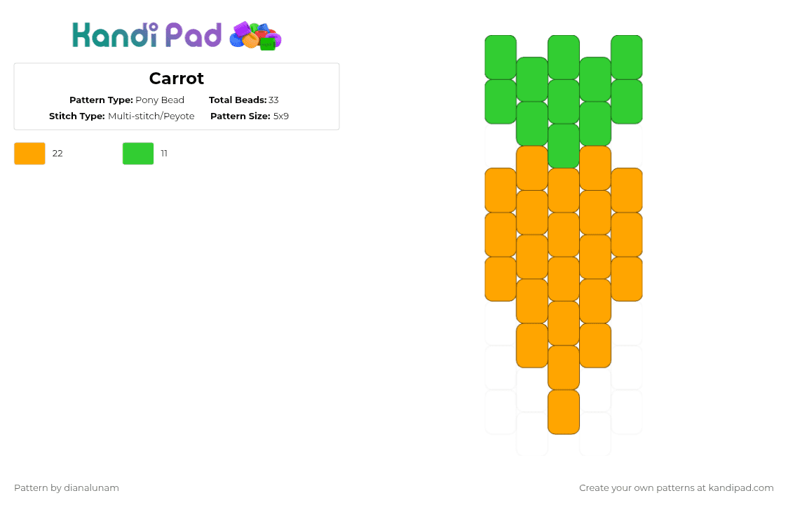 Carrot - Pony Bead Pattern by dianalunam on Kandi Pad - green,orange,carrot,vegetable,food