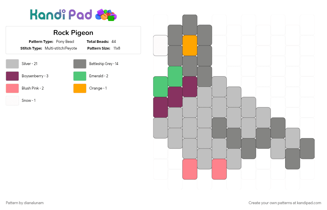 Rock Pigeon - Pony Bead Pattern by dianalunam on Kandi Pad - beige, bird, charm, cute, dove, gray, grey, pigeon, tiny