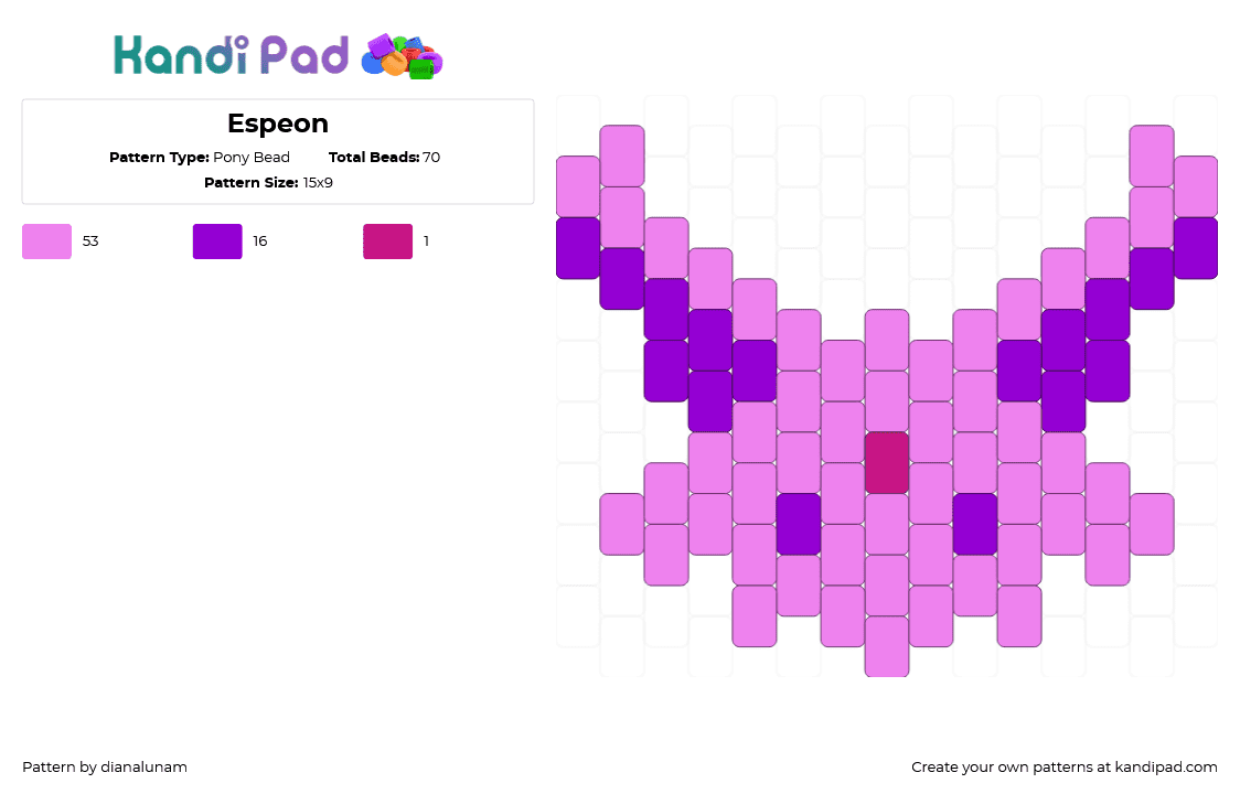 Espeon - Pony Bead Pattern by dianalunam on Kandi Pad - pink,espeon,pokemon,eevee,eeveelution,psychic,video game,cute