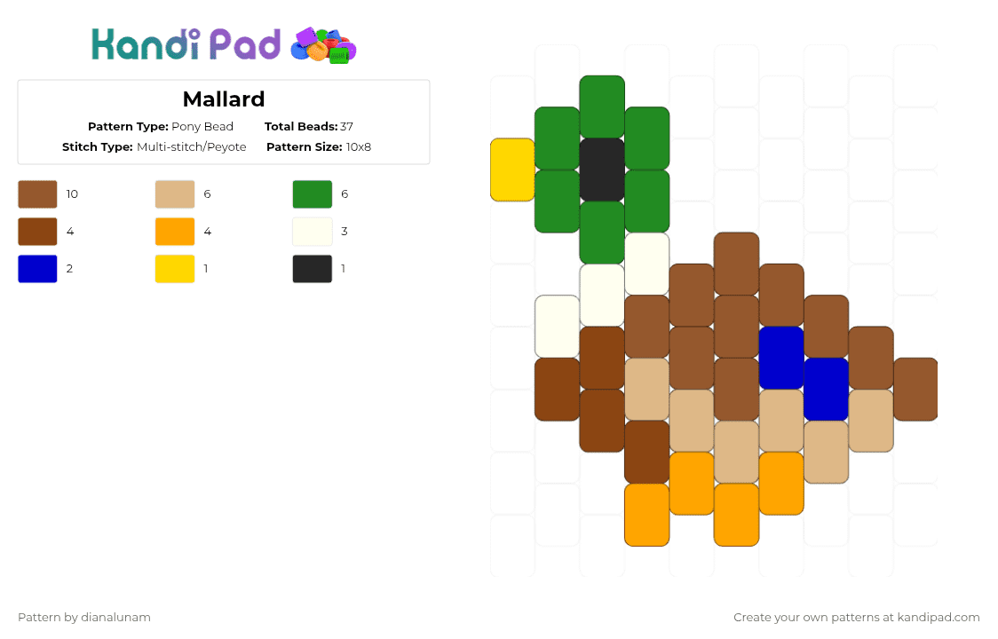 Mallard - Pony Bead Pattern by dianalunam on Kandi Pad - tan,beige,green,bird,mallard,duck,cute,charm,brown,tiny