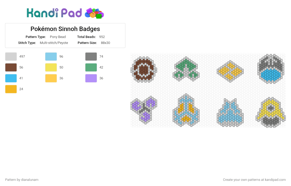 Pokémon Sinnoh Badges - Pony Bead Pattern by dianalunam on Kandi Pad - badge, charms, gray, light blue, pin, pokemon, silver, sinnoh, tiny, video game, white, yellow