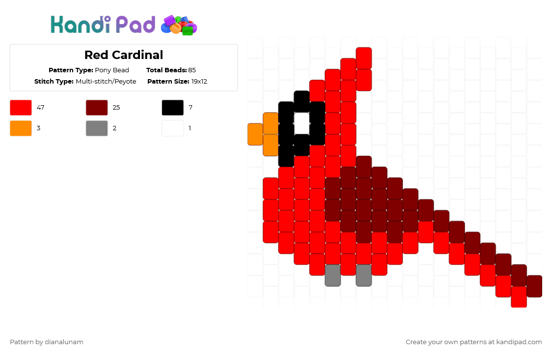 Red Cardinal - Pony Bead Pattern by dianalunam on Kandi Pad - brown,red,remix,bird,cardinal,animal,cute