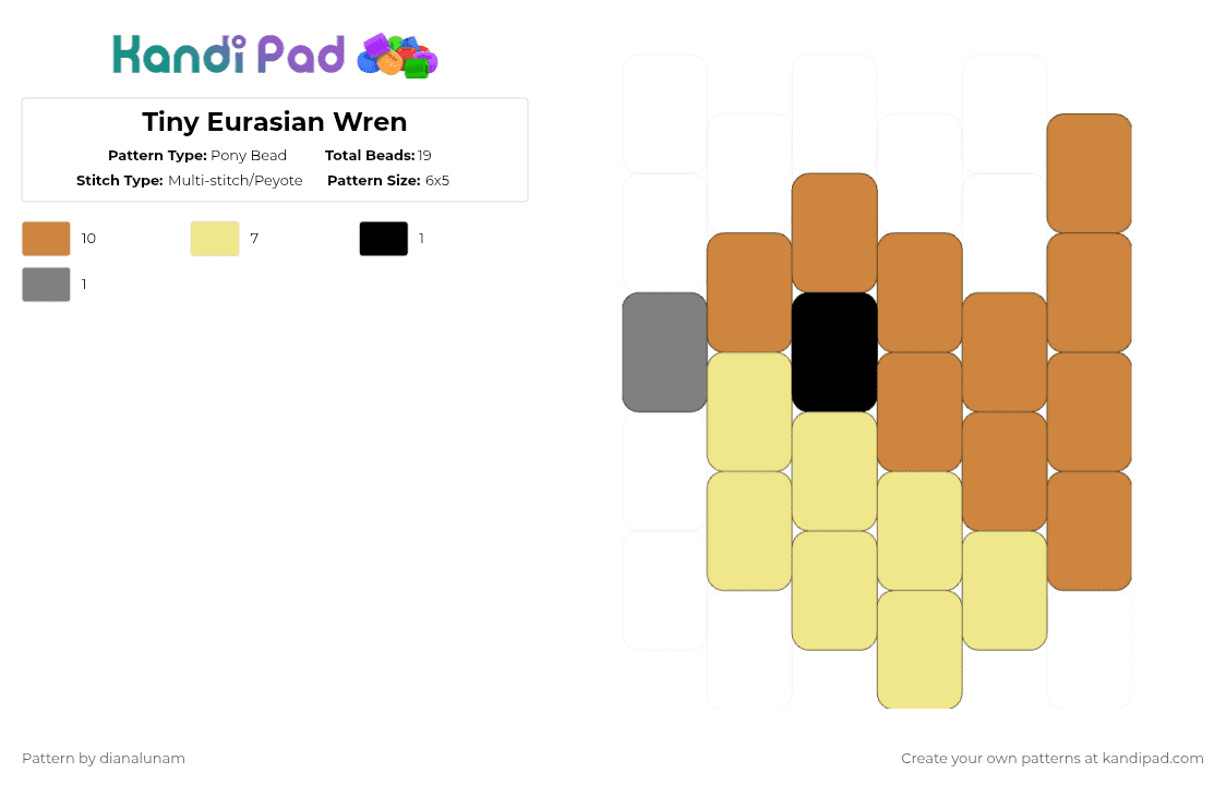 Tiny Eurasian Wren - Pony Bead Pattern by dianalunam on Kandi Pad - orange,yellow,bird,tiny,animal,brown,cute,charm