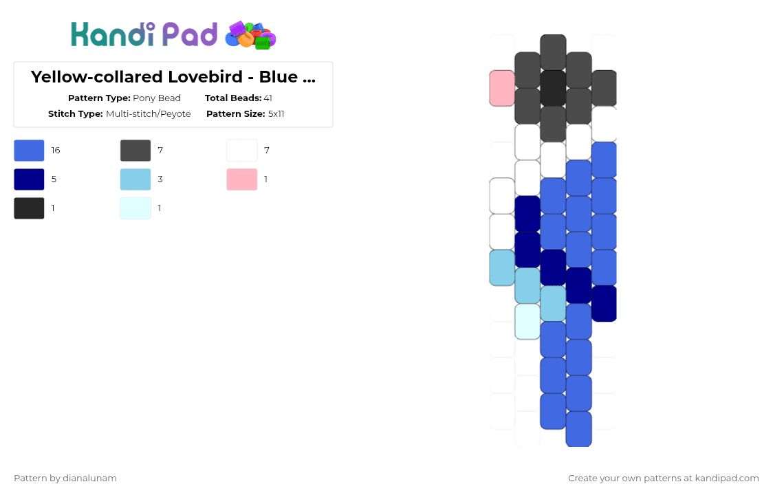 Yellow-collared Lovebird - Blue Mutation - Pony Bead Pattern by dianalunam on Kandi Pad - gray,blue,lovebird,parakeet,bird,grey,charm,cute,tiny