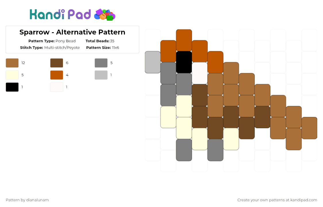 Sparrow - Alternative Pattern - Pony Bead Pattern by dianalunam on Kandi Pad - tan,brown,sparrow,bird,cute,charm,grey,tiny