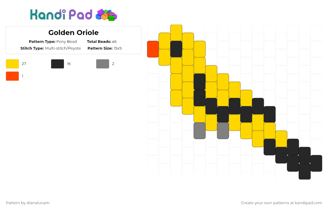 Golden Oriole - Pony Bead Pattern by dianalunam on Kandi Pad - yellow,oriole,bird,charm,cute,tiny,gold,black