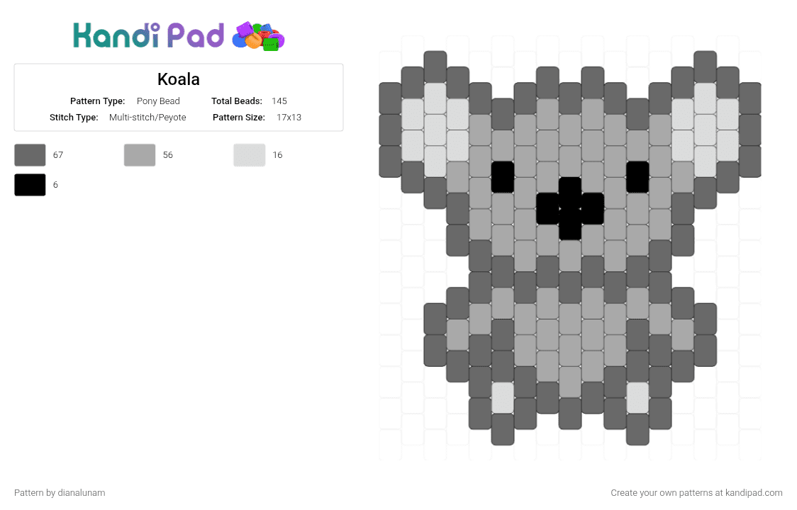 Koala - Pony Bead Pattern by dianalunam on Kandi Pad - gray,beige