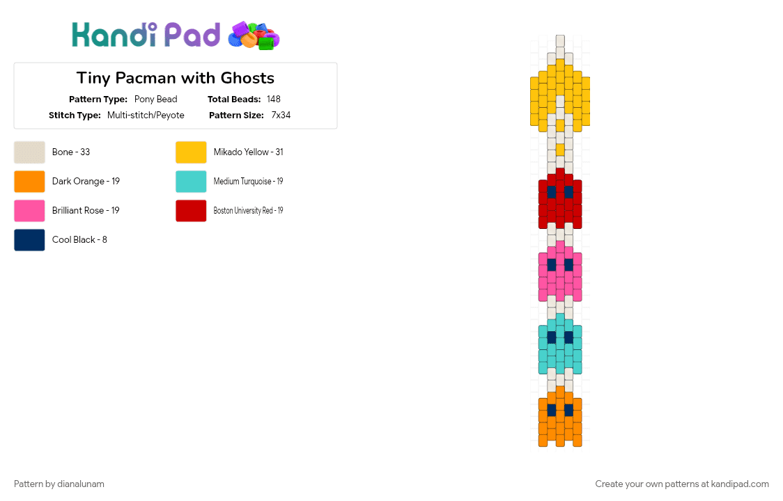 Tiny Pacman with Ghosts - Pony Bead Pattern by dianalunam on Kandi Pad - beige, charm, colorful, cute, ghost, light blue, pacman, red, tiny, video game, yellow