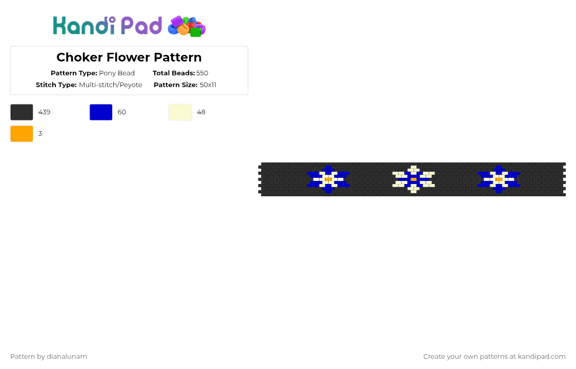 Choker Flower Pattern - Pony Bead Pattern by dianalunam on Kandi Pad - black,purple,blue,flower,choker,small,white