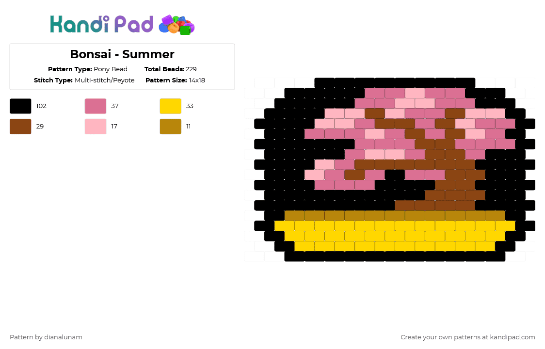 Bonsai - Summer - Pony Bead Pattern by dianalunam on Kandi Pad - pink,yellow,bonsai,plant,green,brown,pot,japanese