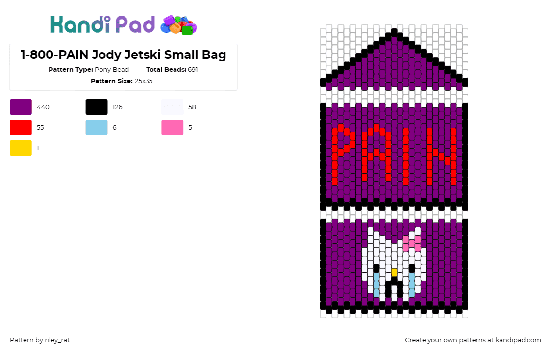 1-800-PAIN Jody Jetski Small Bag - Pony Bead Pattern by riley_rat on Kandi Pad - 1800 pain,music,statement,bold,striking,expressive,small bag,purple