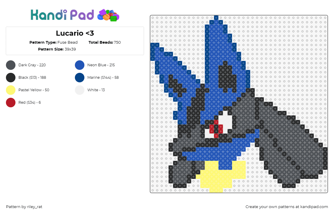 Lucario <3 - Fuse Bead Pattern by riley_rat on Kandi Pad - lucario,pokemon,character,gaming,blue,black