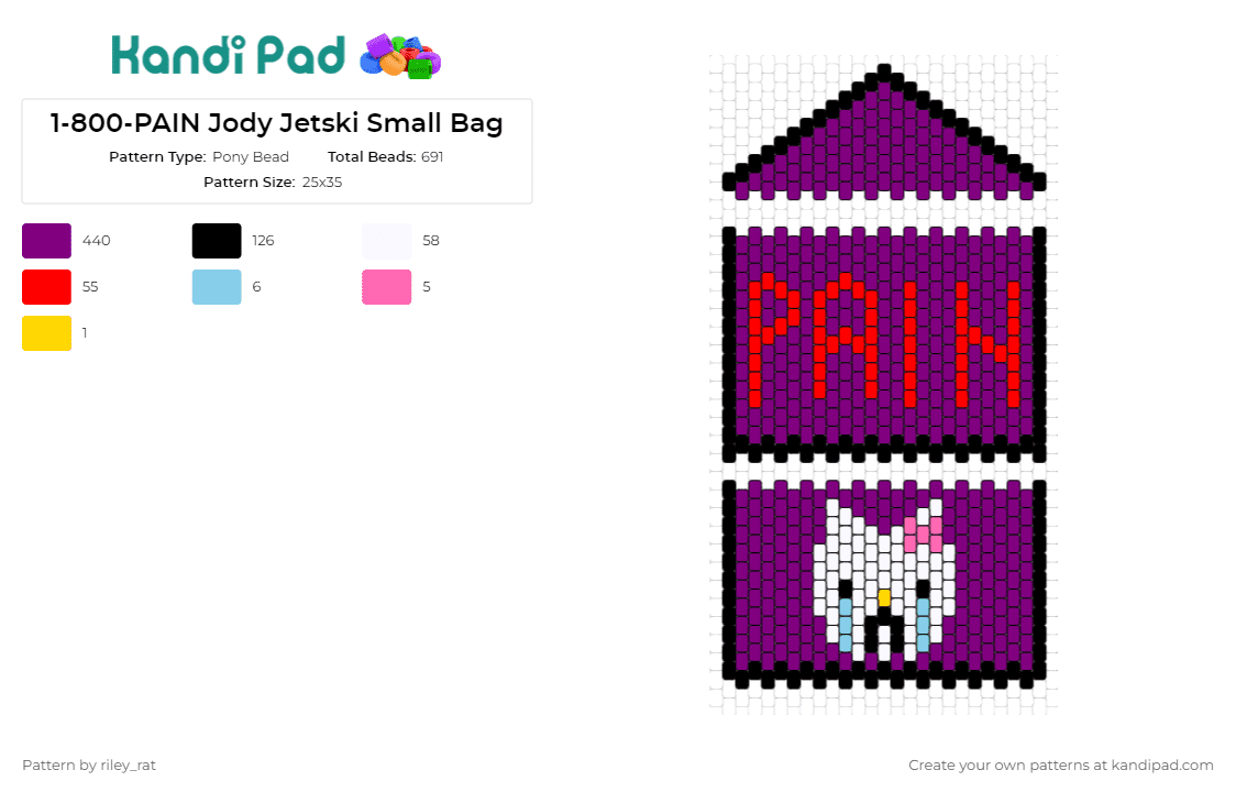 1-800-PAIN Jody Jetski Small Bag - Pony Bead Pattern by riley_rat on Kandi Pad - 1800 pain,music,statement,bold,striking,expressive,small bag,purple